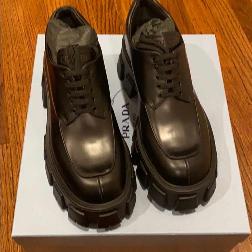 PRADA MONOLITH LEATHER LACE UP BOOTS